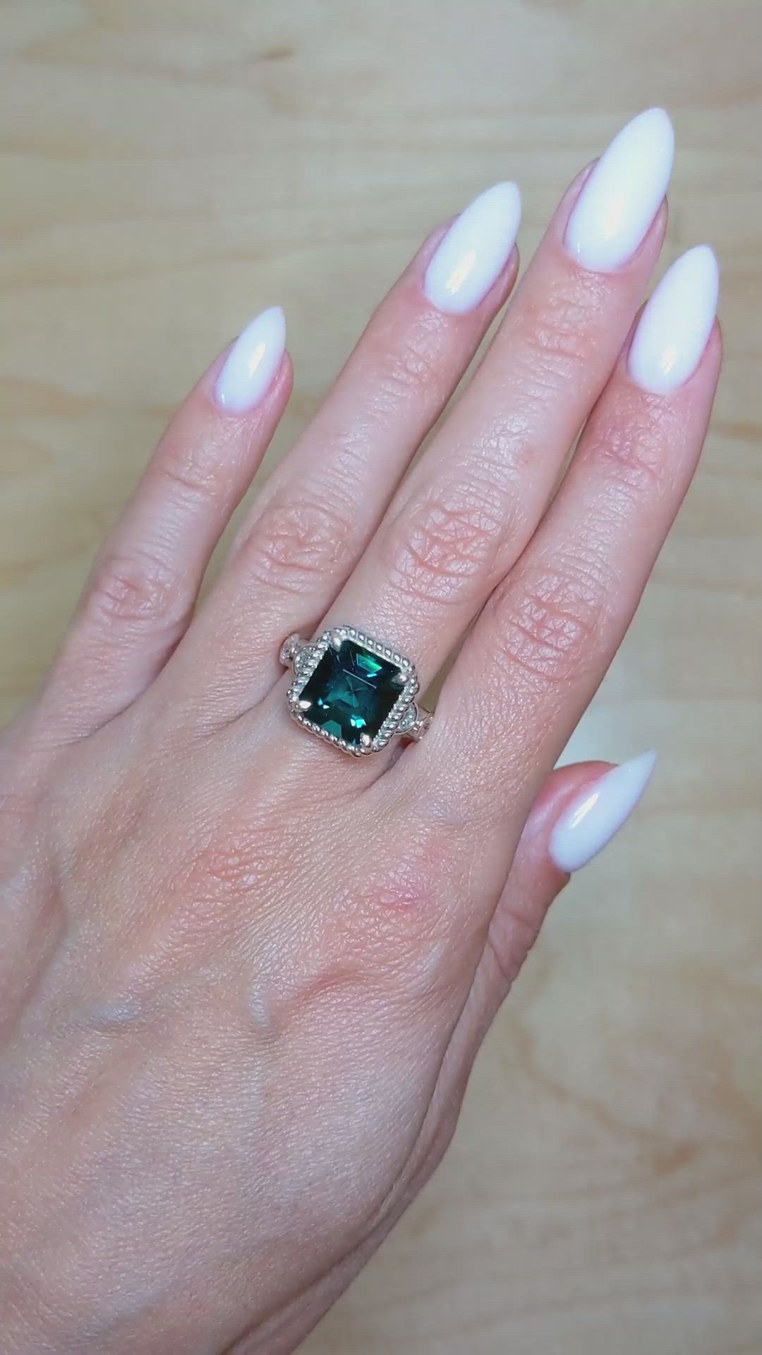 5.21 Ct. Greenish Blue Tourmaline and Natural Diamond Halo Ring, 18K White Gold Size Video