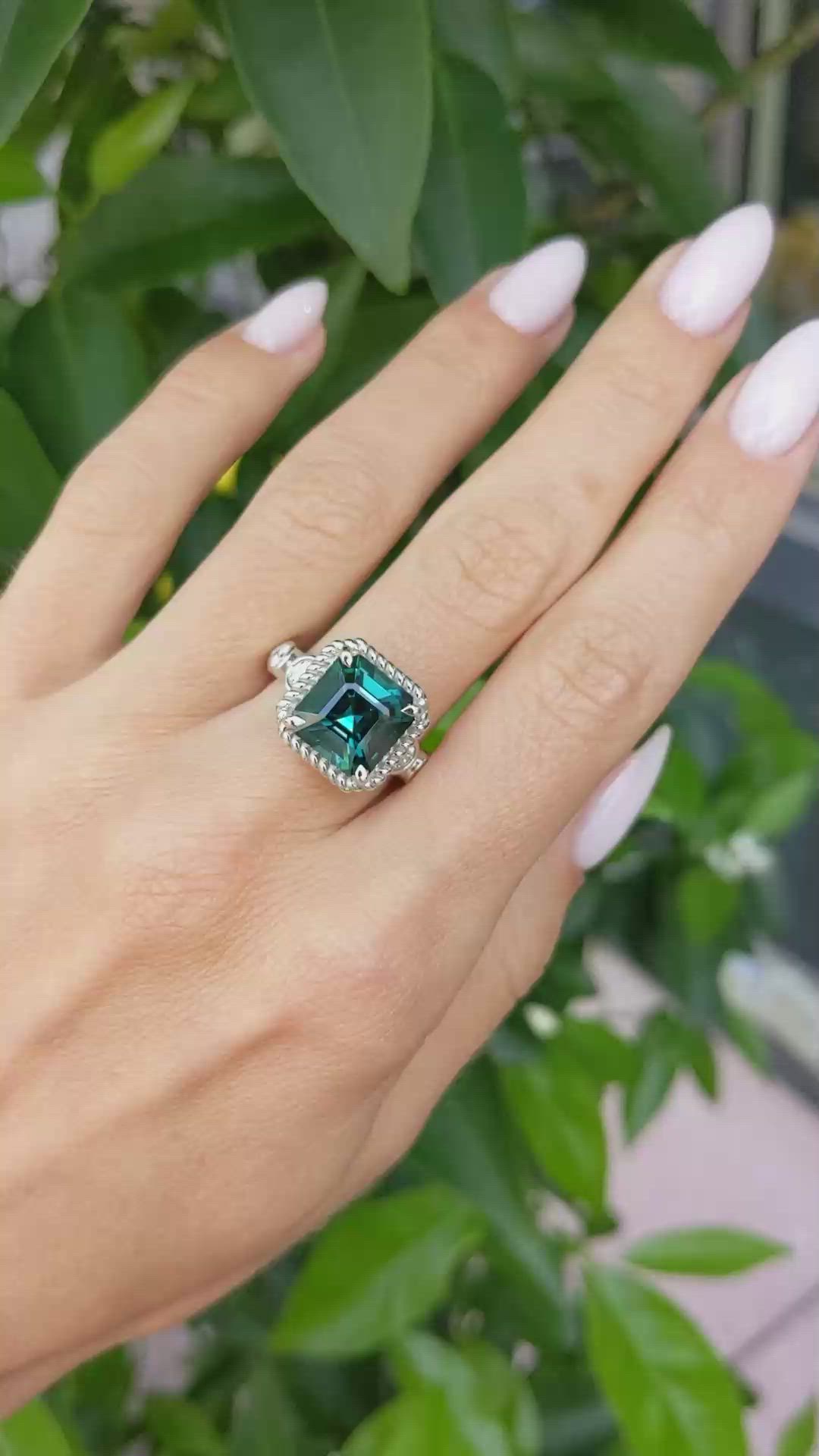 5.21 Ct. Greenish Blue Tourmaline and Natural Diamond Halo Ring, 18K White Gold Size Video
