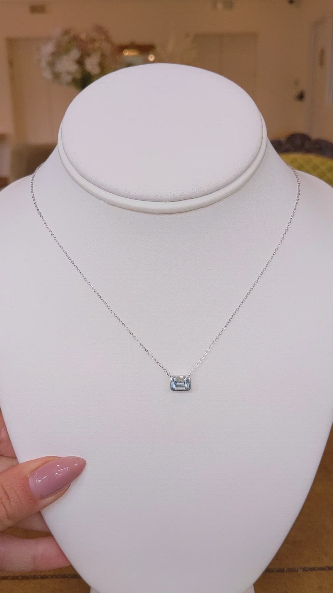 0.84 Ct. Blue Aquamarine Bezel Necklace, 14K White Gold Size Video