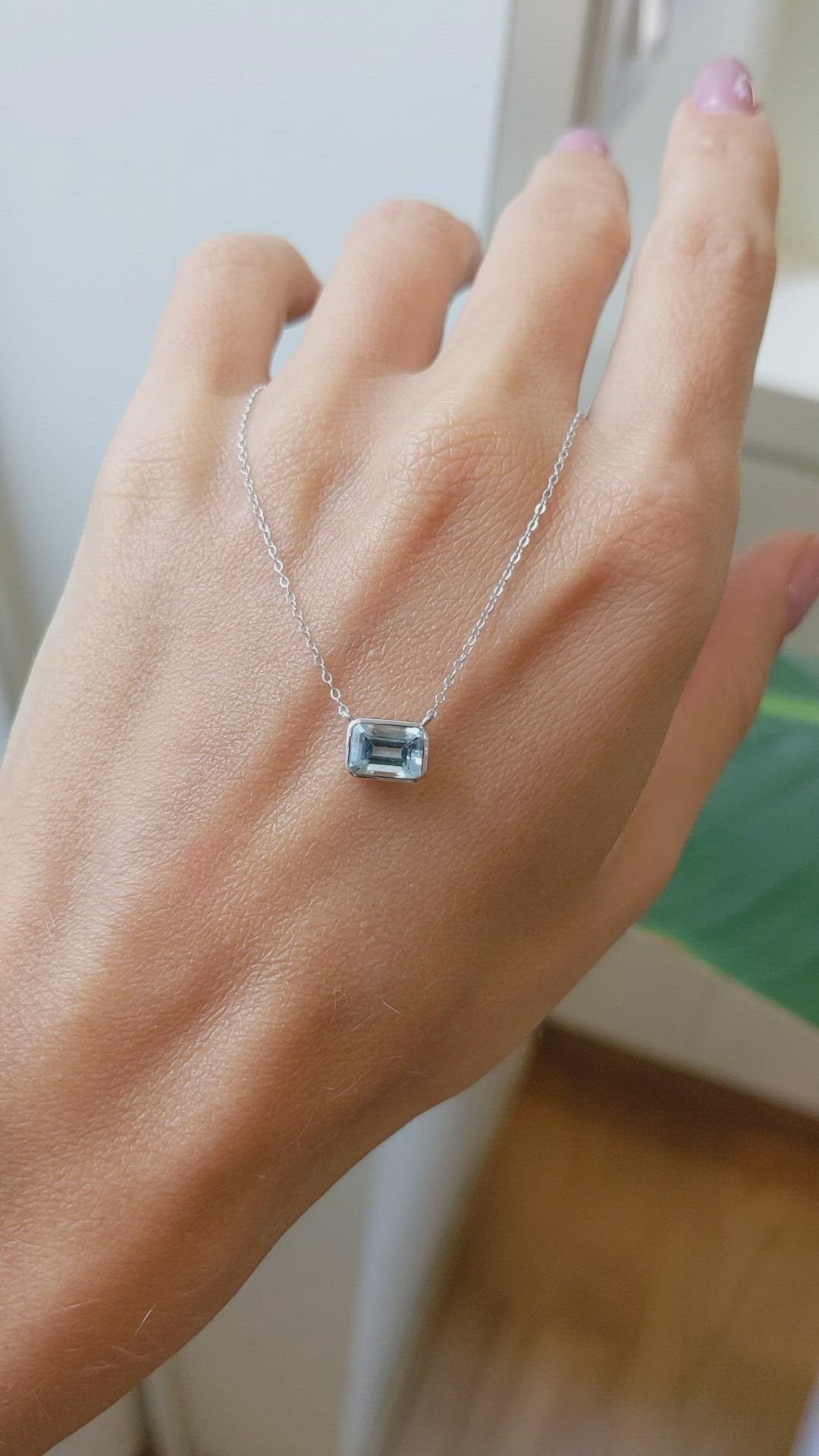 0.84 Ct. Blue Aquamarine Bezel Necklace, 14K White Gold Size Video