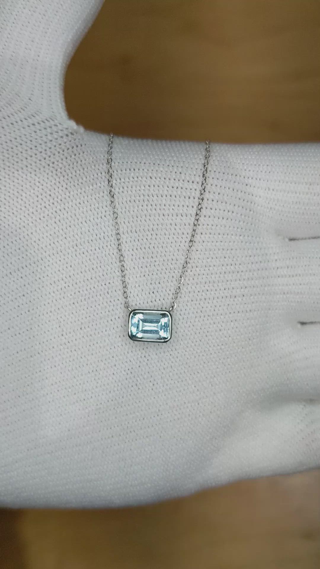 0.84 Ct. Blue Aquamarine Bezel Necklace, 14K White Gold Size Video