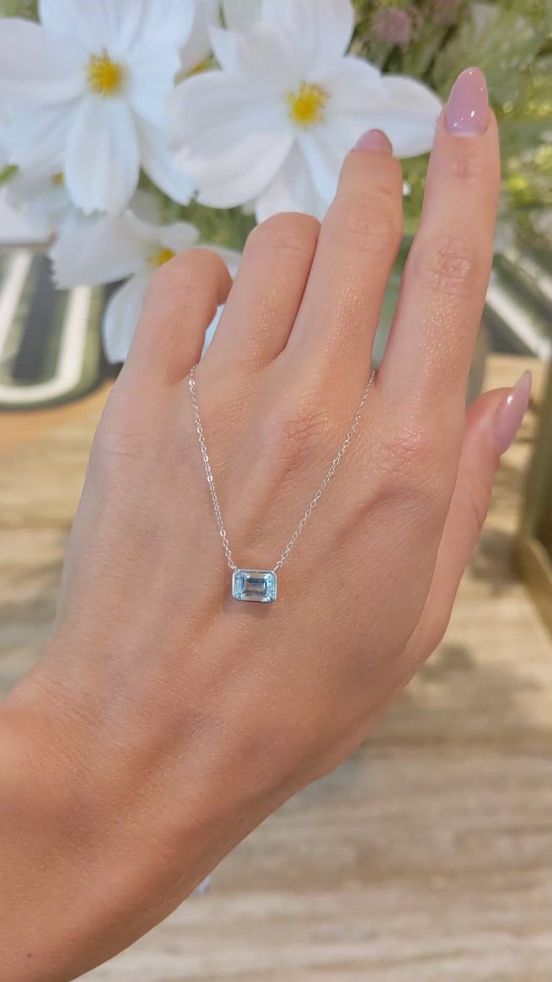 0.84 Ct. Blue Aquamarine Bezel Necklace, 14K White Gold Size Video