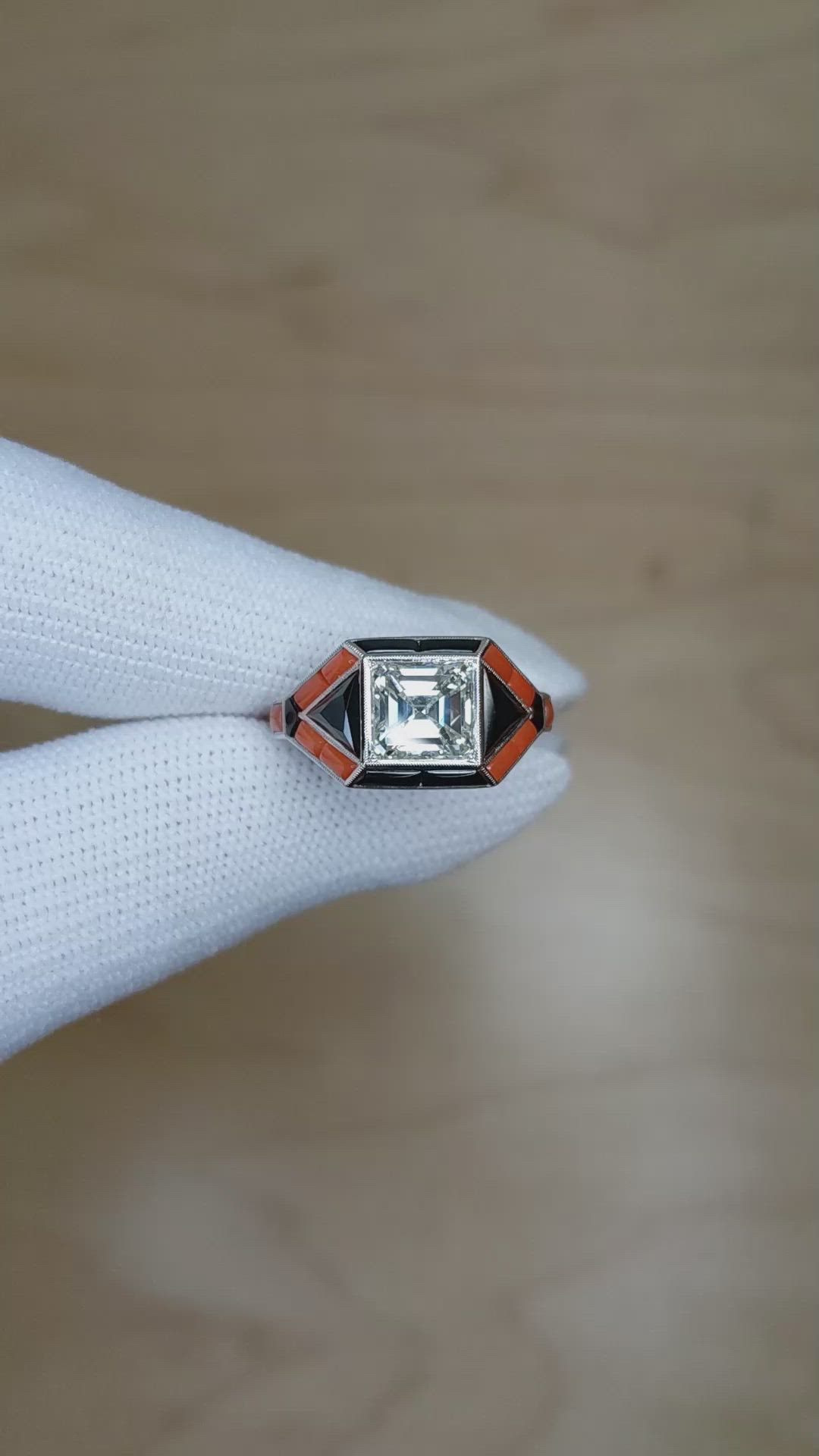 3.59 Ct.Tw.Total Carat Weight Natural Diamond, Black Onyx and Salmon (Orange) Coral Bezel Ring, Platinum 950 Size Video