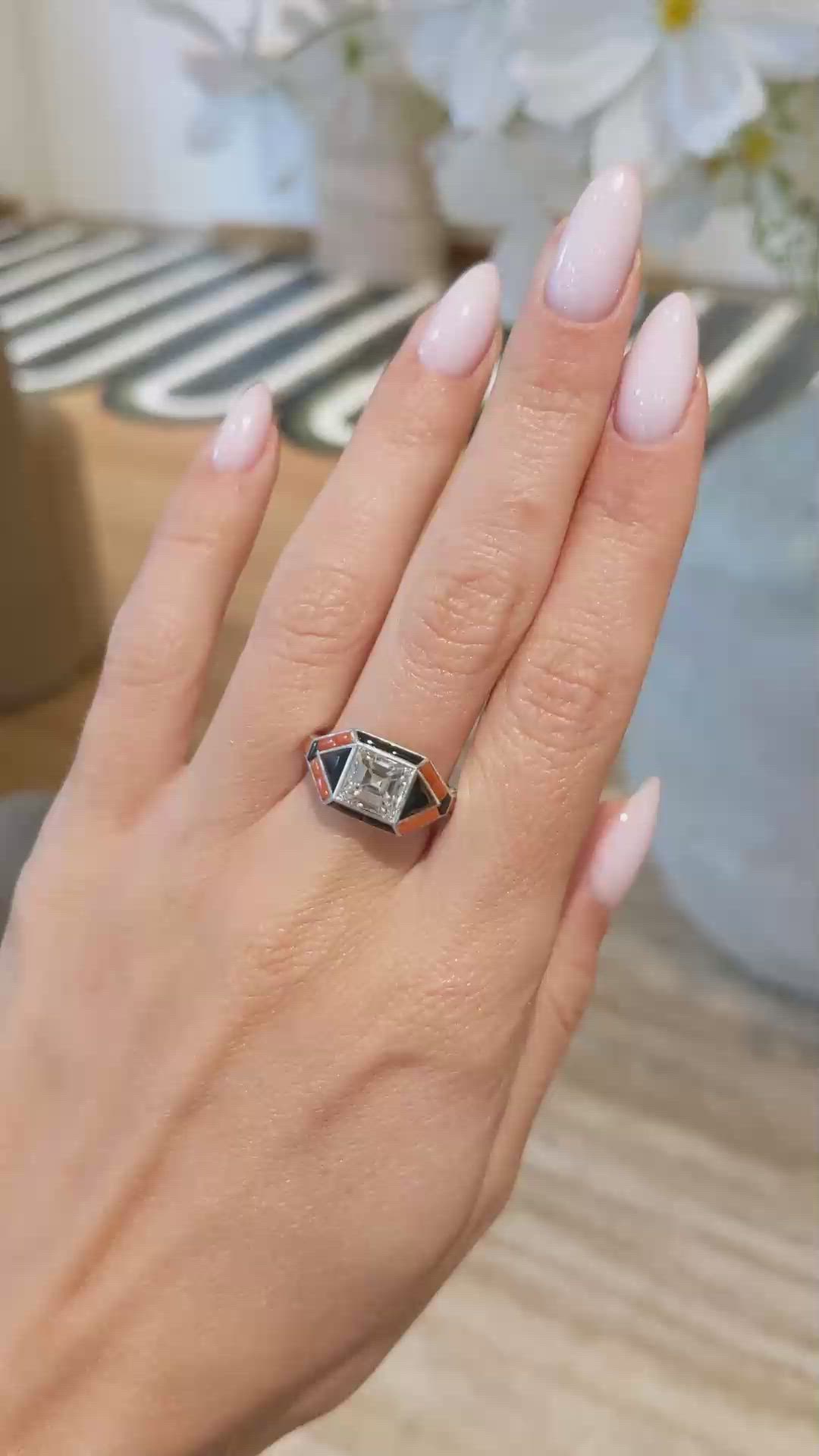 3.59 Ct.Tw.Total Carat Weight Natural Diamond, Black Onyx and Salmon (Orange) Coral Bezel Ring, Platinum 950 Size Video