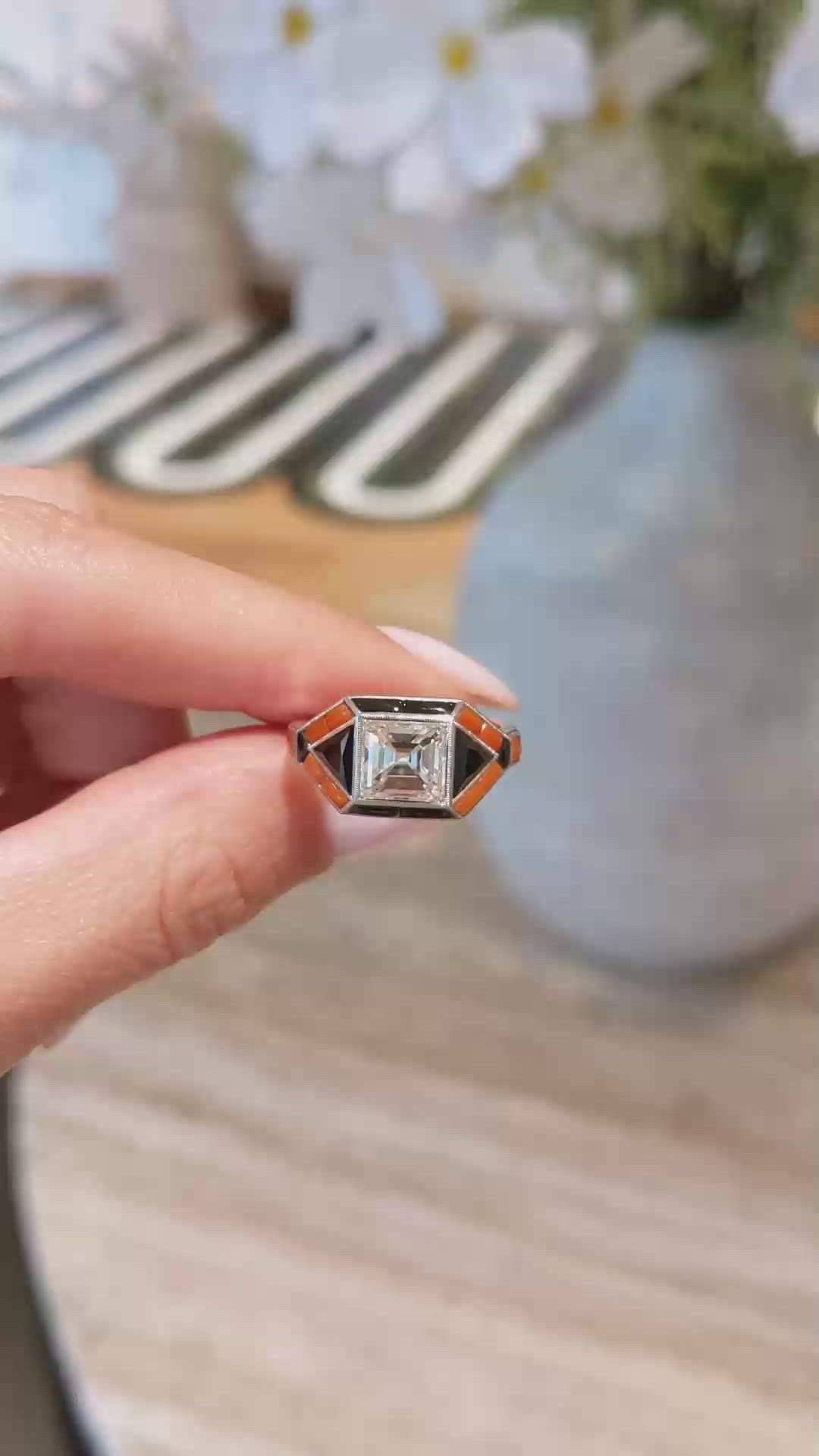 3.59 Ct.Tw.Total Carat Weight Natural Diamond, Black Onyx and Salmon (Orange) Coral Bezel Ring, Platinum 950 Size Video