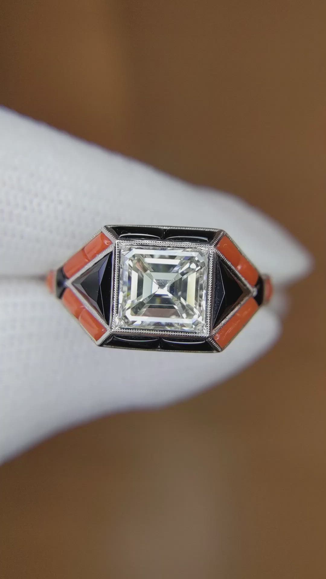 3.59 Ct.Tw.Total Carat Weight Natural Diamond, Black Onyx and Salmon (Orange) Coral Bezel Ring, Platinum 950 Size Video