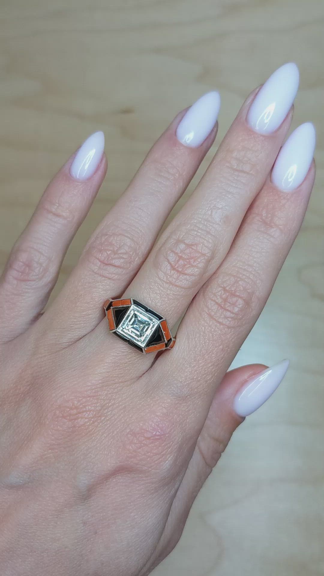 3.59 Ct.Tw.Total Carat Weight Natural Diamond, Black Onyx and Salmon (Orange) Coral Bezel Ring, Platinum 950 Size Video