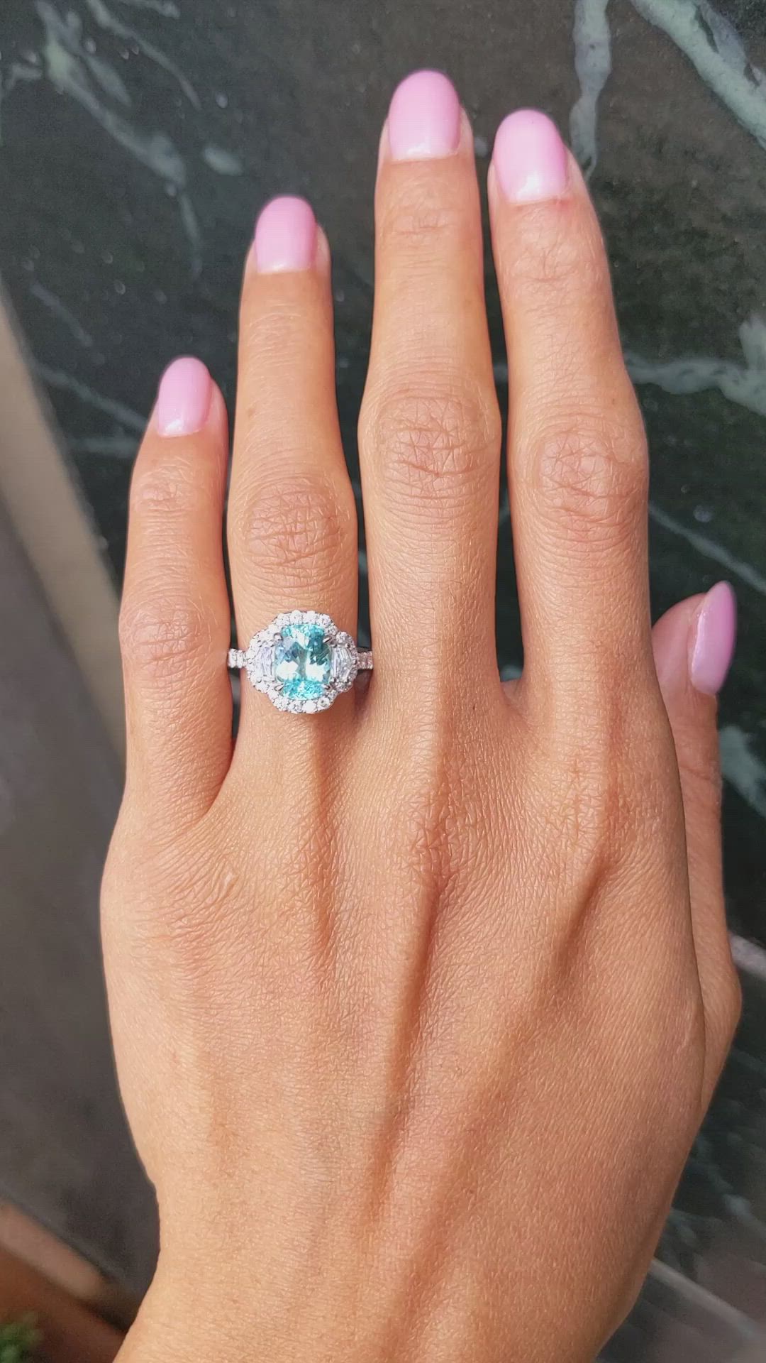 2.32 Ct. Blue Paraiba Tourmaline and Natural Diamond Pave Ring, 18K White Gold Size Video