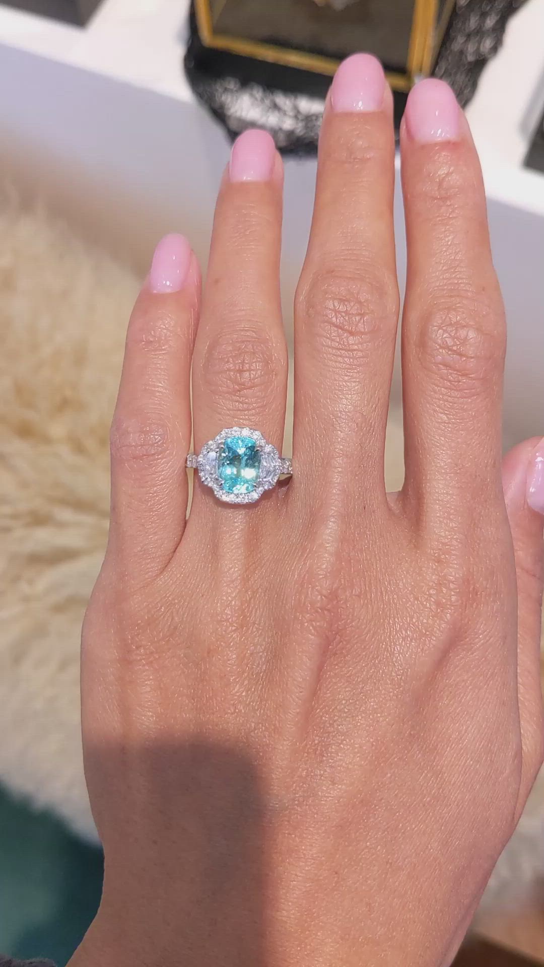 2.32 Ct. Blue Paraiba Tourmaline and Natural Diamond Pave Ring, 18K White Gold Size Video