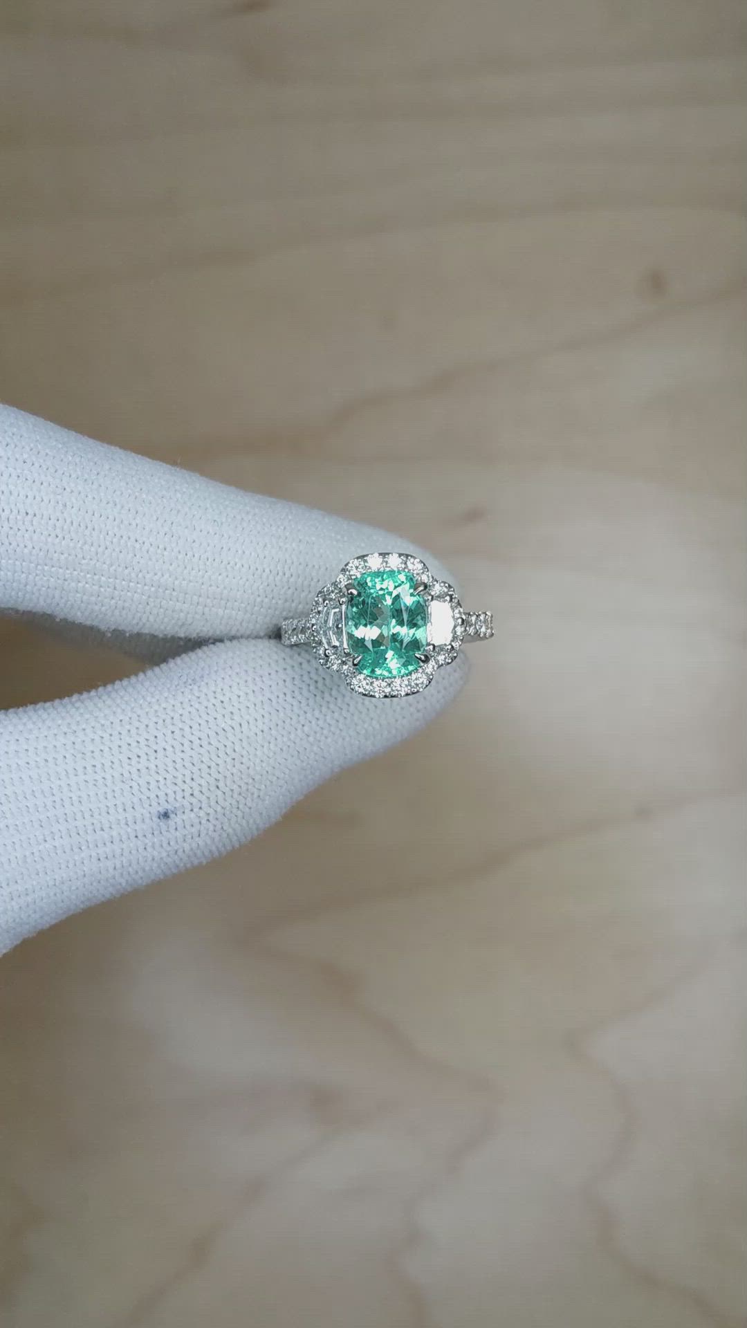 2.32 Ct. Blue Paraiba Tourmaline and Natural Diamond Pave Ring, 18K White Gold Size Video