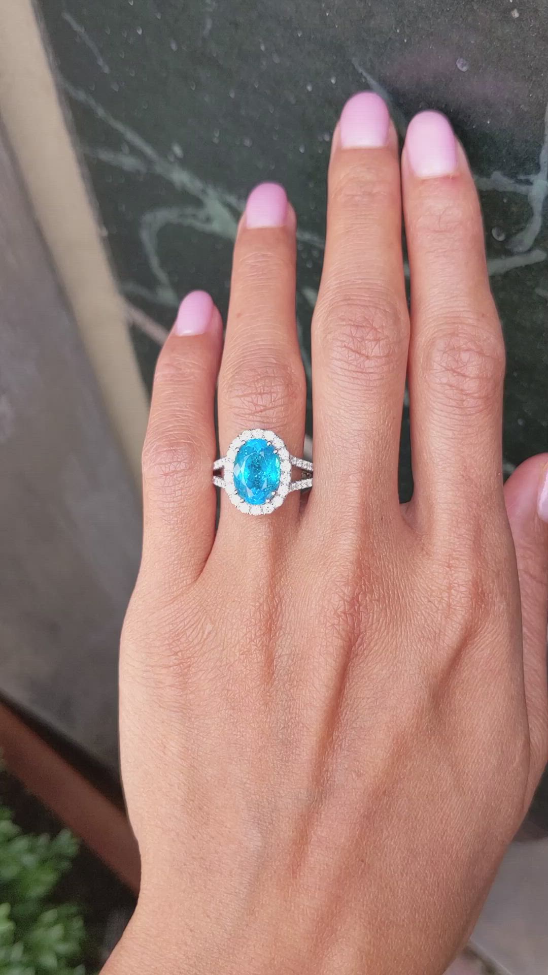 4.09 Ct. Blue Paraiba Tourmaline and Natural Diamond Pave Ring, 18K White Gold Size Video