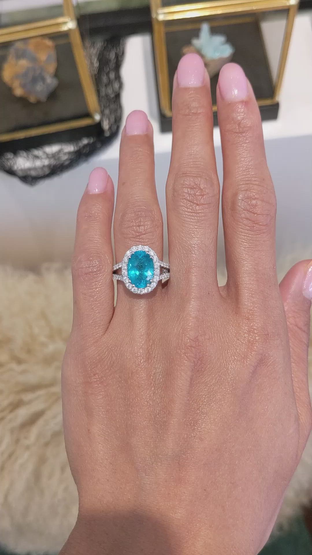4.09 Ct. Blue Paraiba Tourmaline and Natural Diamond Pave Ring, 18K White Gold Size Video