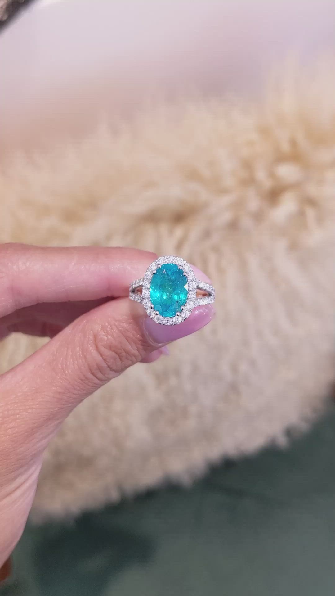 4.09 Ct. Blue Paraiba Tourmaline and Natural Diamond Pave Ring, 18K White Gold Size Video