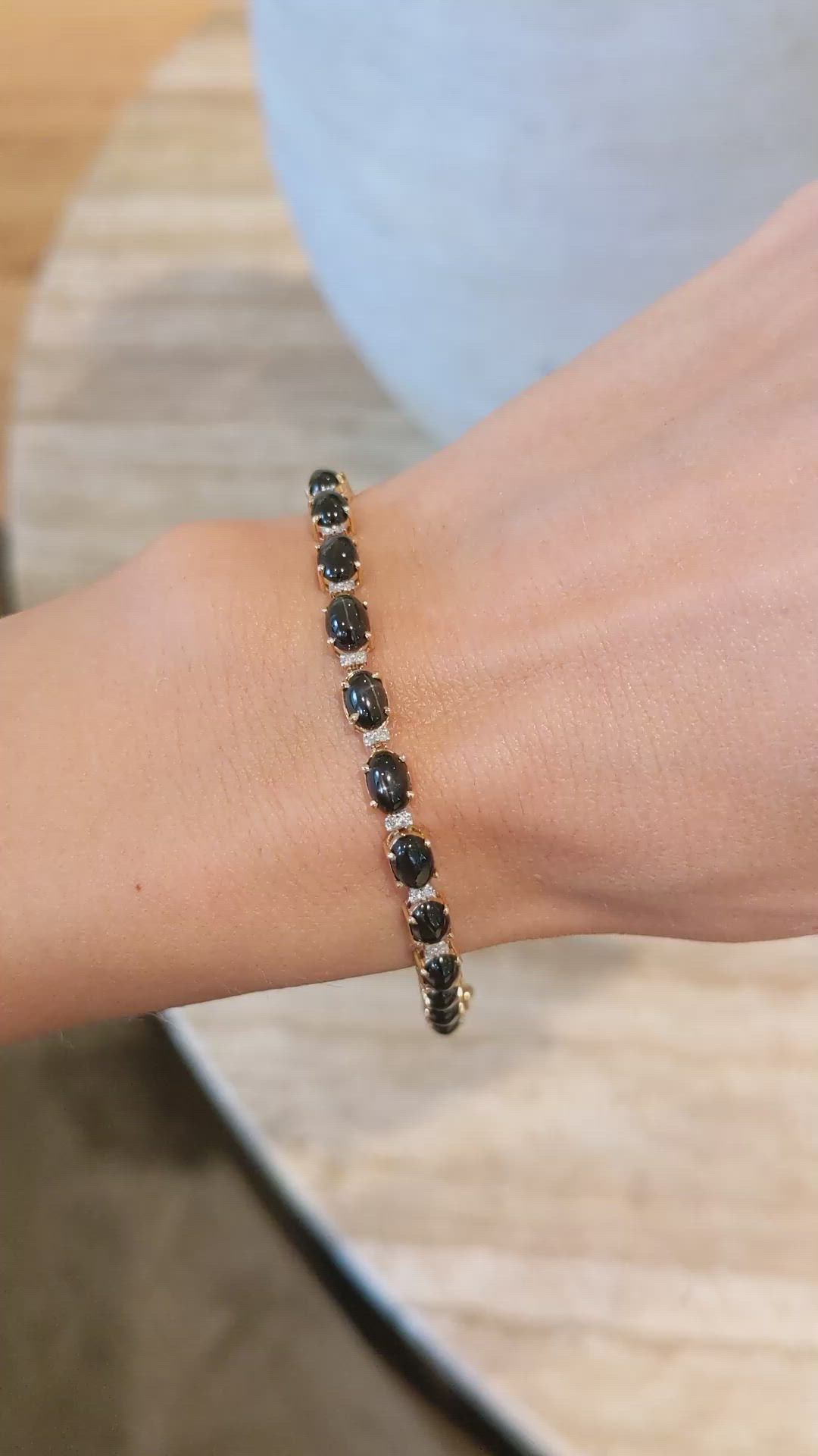 10.18 Ct.Tw.Total Carat Weight Black Diopside and Natural Diamond Tennis/Line Bracelet, 14K Yellow Gold Size Video