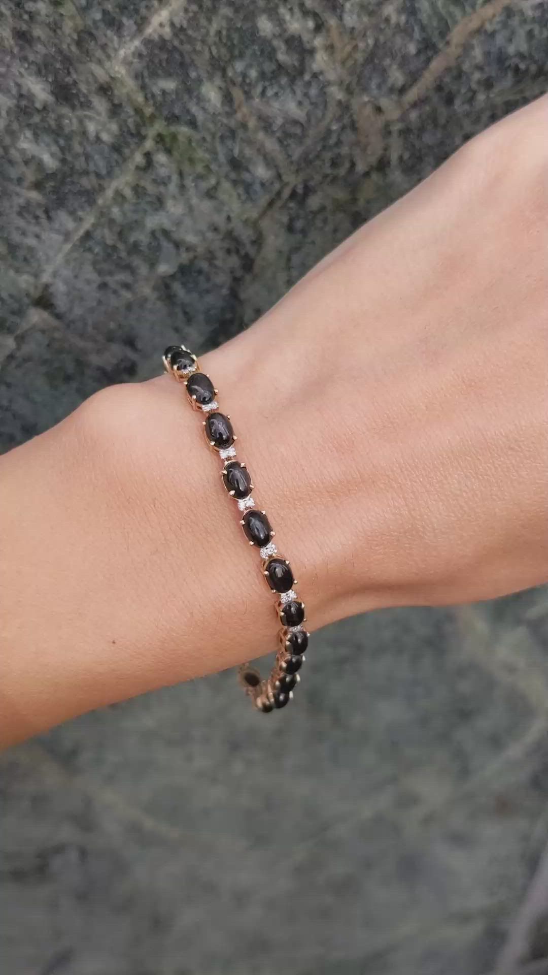 10.18 Ct.Tw.Total Carat Weight Black Diopside and Natural Diamond Tennis/Line Bracelet, 14K Yellow Gold Size Video
