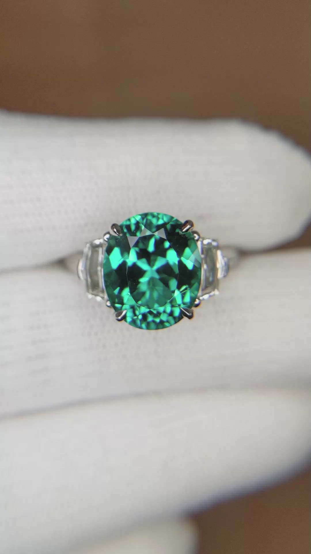 4.47 Ct. Bluish Green Paraiba Tourmaline and Natural Diamond Three Stone Ring, Platinum 950 Size Video