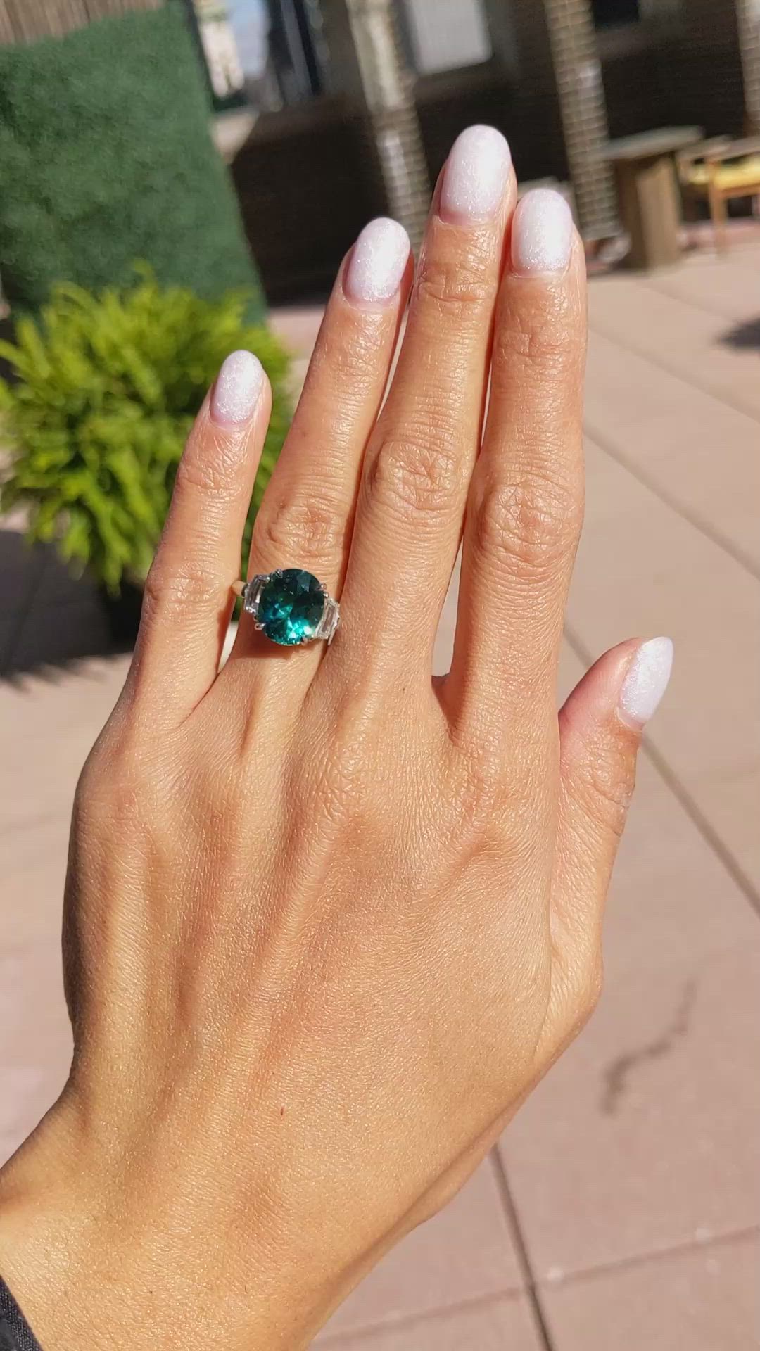 4.47 Ct. Bluish Green Paraiba Tourmaline and Natural Diamond Three Stone Ring, Platinum 950 Size Video