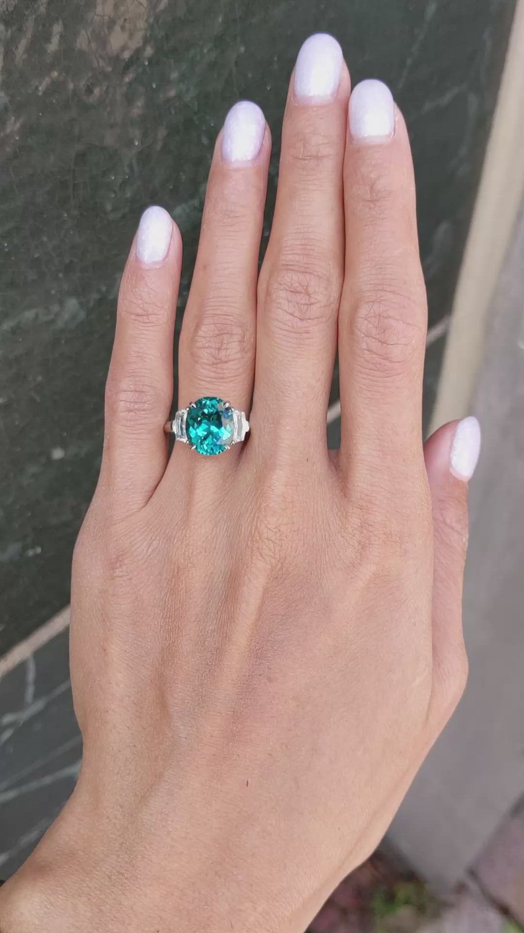 4.47 Ct. Bluish Green Paraiba Tourmaline and Natural Diamond Three Stone Ring, Platinum 950 Size Video