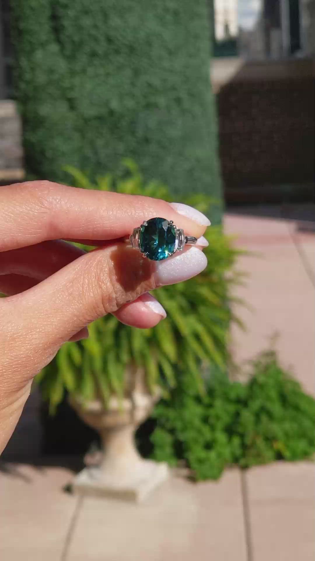 4.47 Ct. Bluish Green Paraiba Tourmaline and Natural Diamond Three Stone Ring, Platinum 950 Size Video