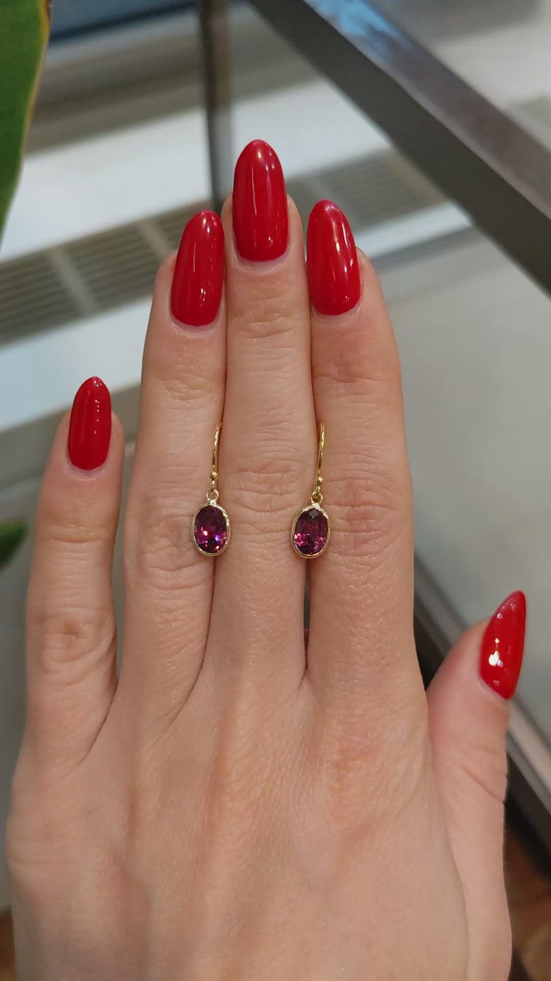 3.20 Ct.Tw.Total Carat Weight Purplish Red Garnet Bezel Earrings, 14K Yellow Gold Size Video