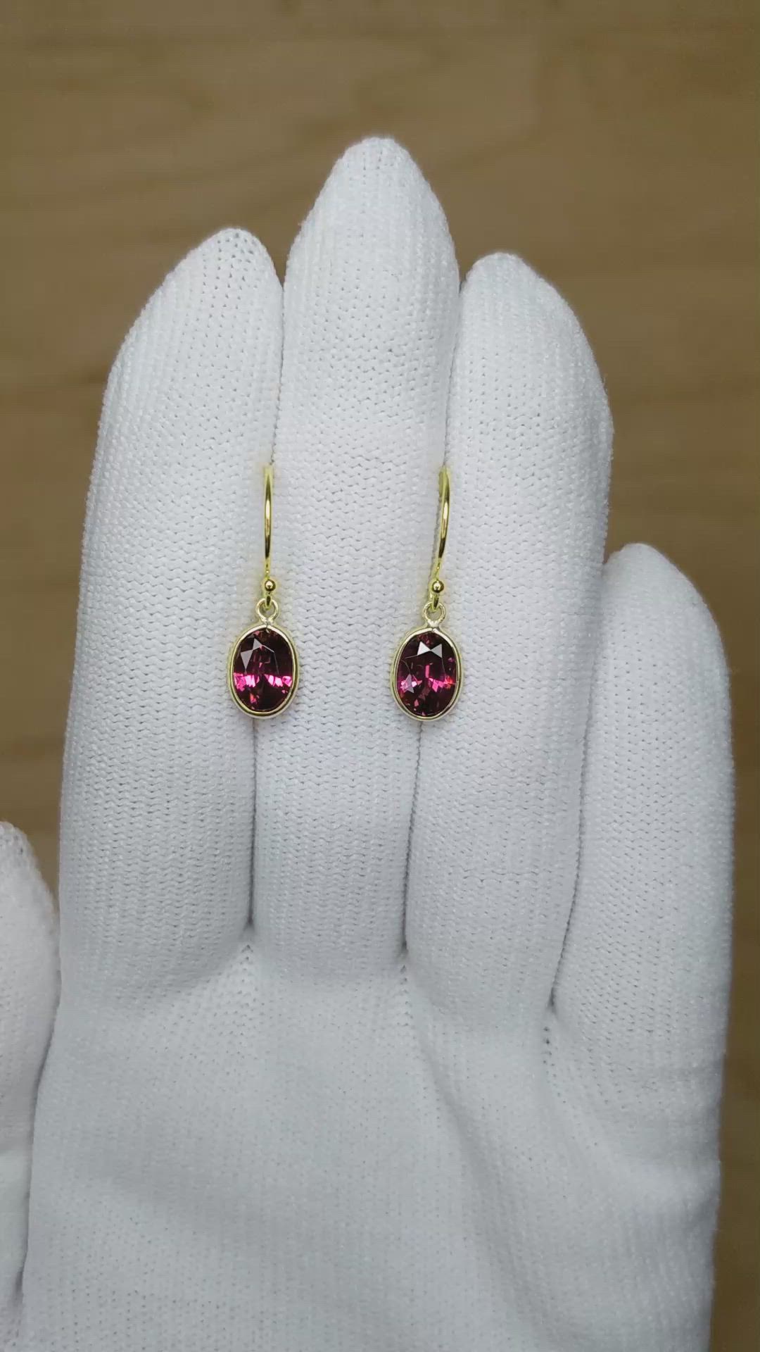 3.20 Ct.Tw.Total Carat Weight Purplish Red Garnet Bezel Earrings, 14K Yellow Gold Size Video