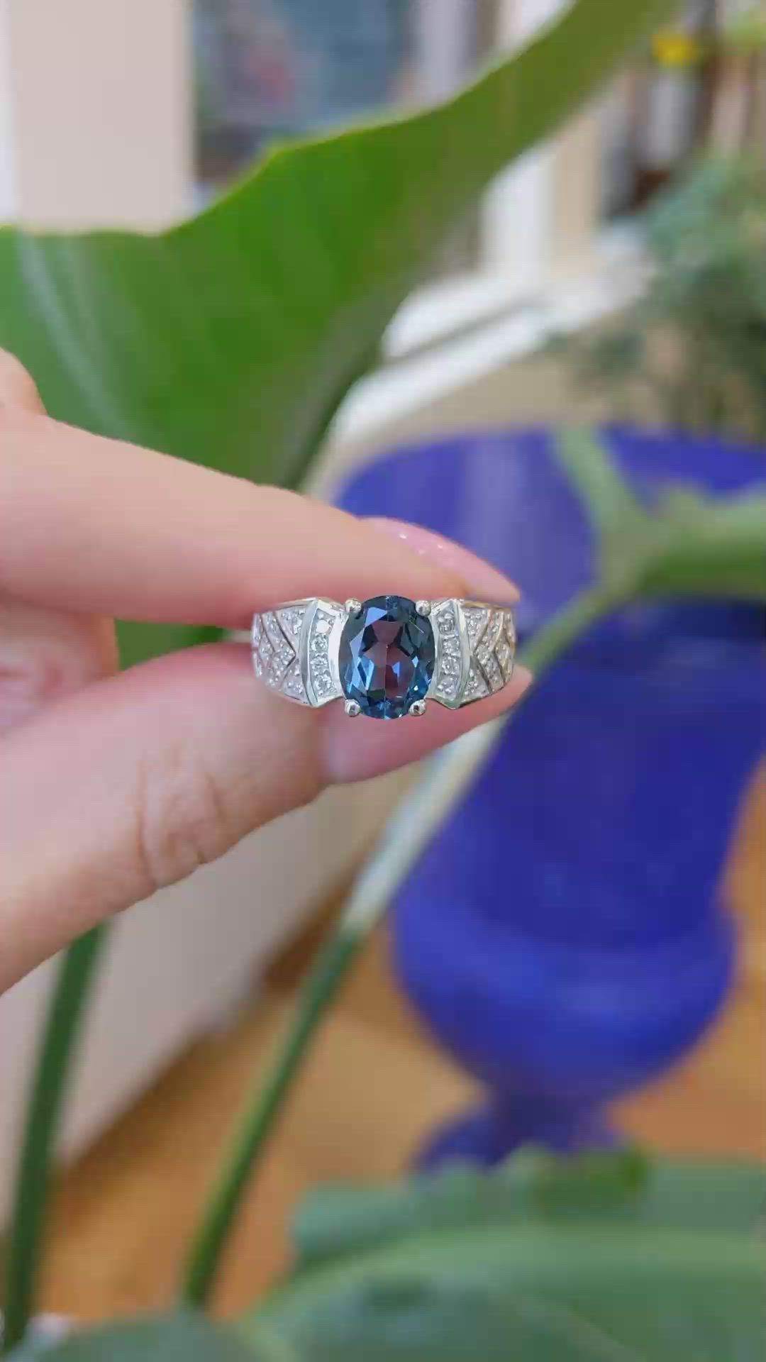 2.40 Ct. Blue Topaz and Natural Diamond Pave Ring, 14K White Gold Size Video