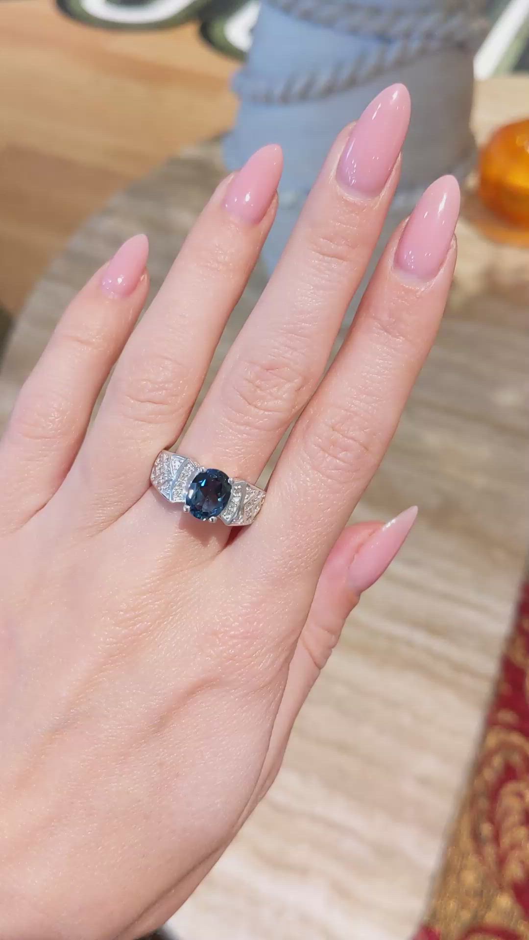 2.40 Ct. Blue Topaz and Natural Diamond Pave Ring, 14K White Gold Size Video