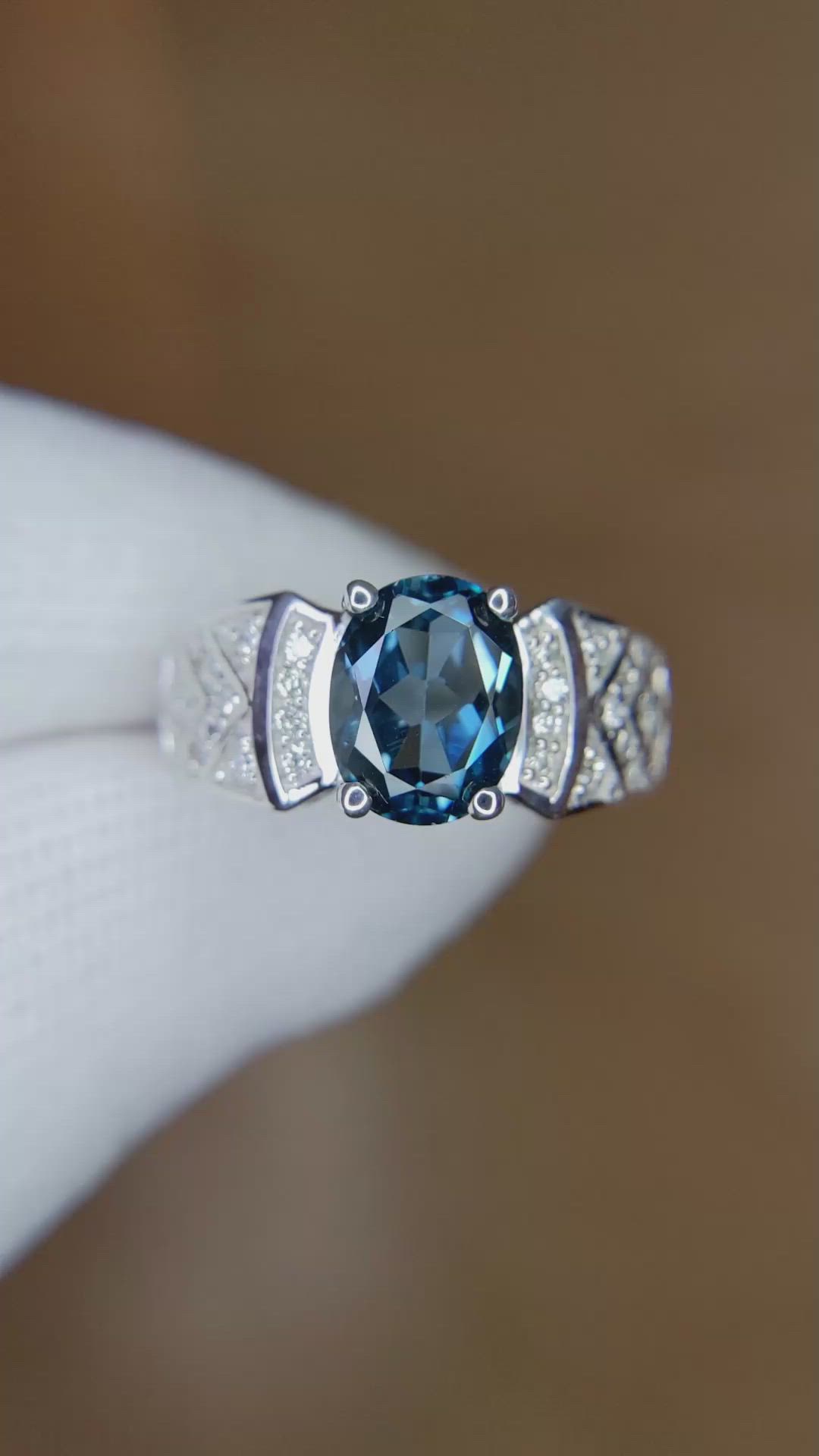 2.40 Ct. Blue Topaz and Natural Diamond Pave Ring, 14K White Gold Size Video