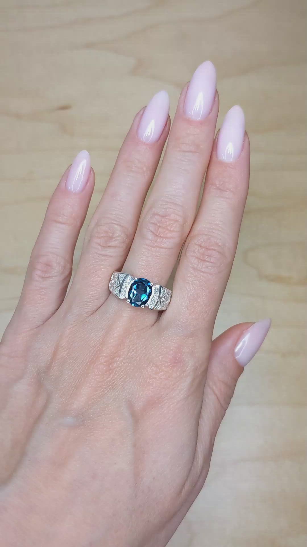 2.40 Ct. Blue Topaz and Natural Diamond Pave Ring, 14K White Gold Size Video