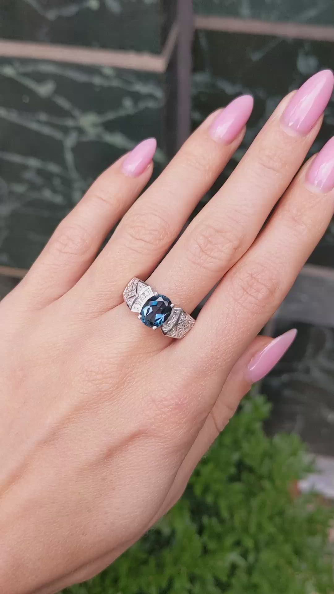 2.40 Ct. Blue Topaz and Natural Diamond Pave Ring, 14K White Gold Size Video