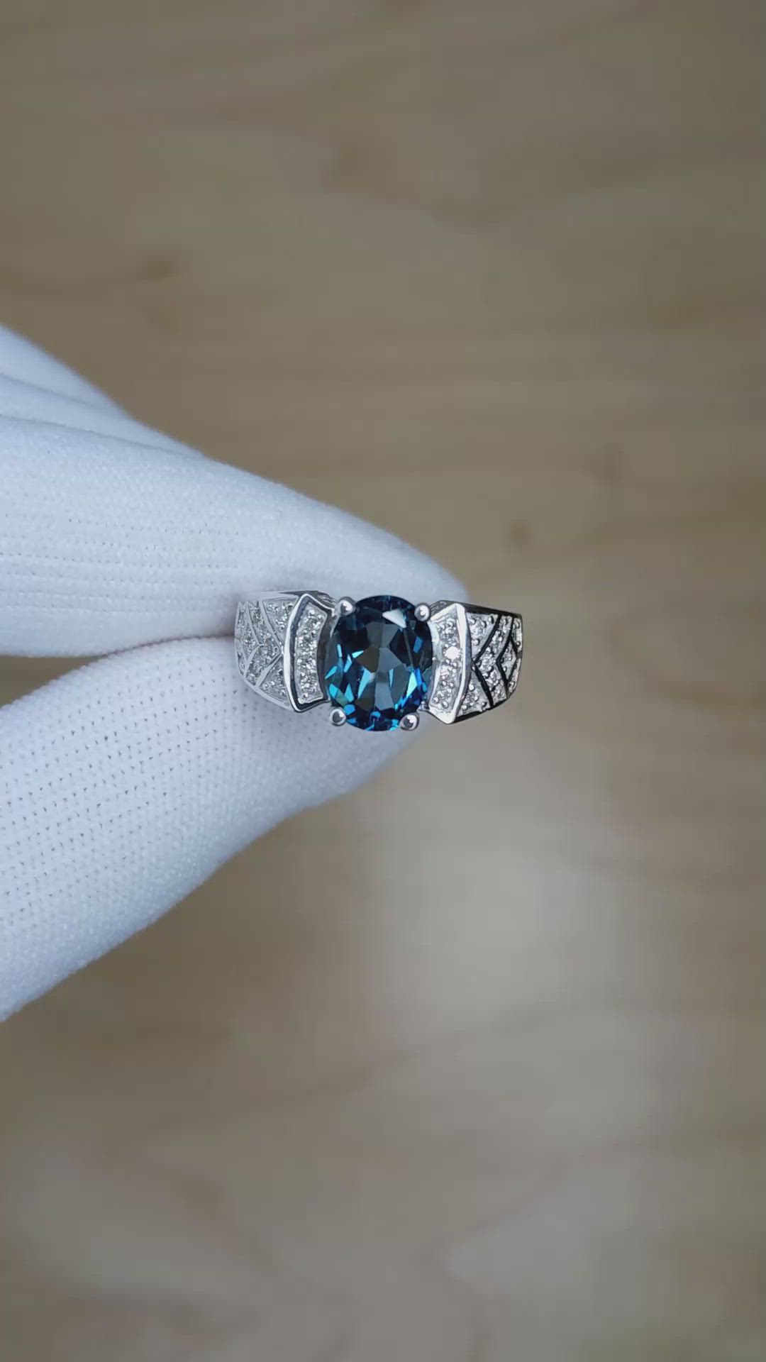 2.40 Ct. Blue Topaz and Natural Diamond Pave Ring, 14K White Gold Size Video