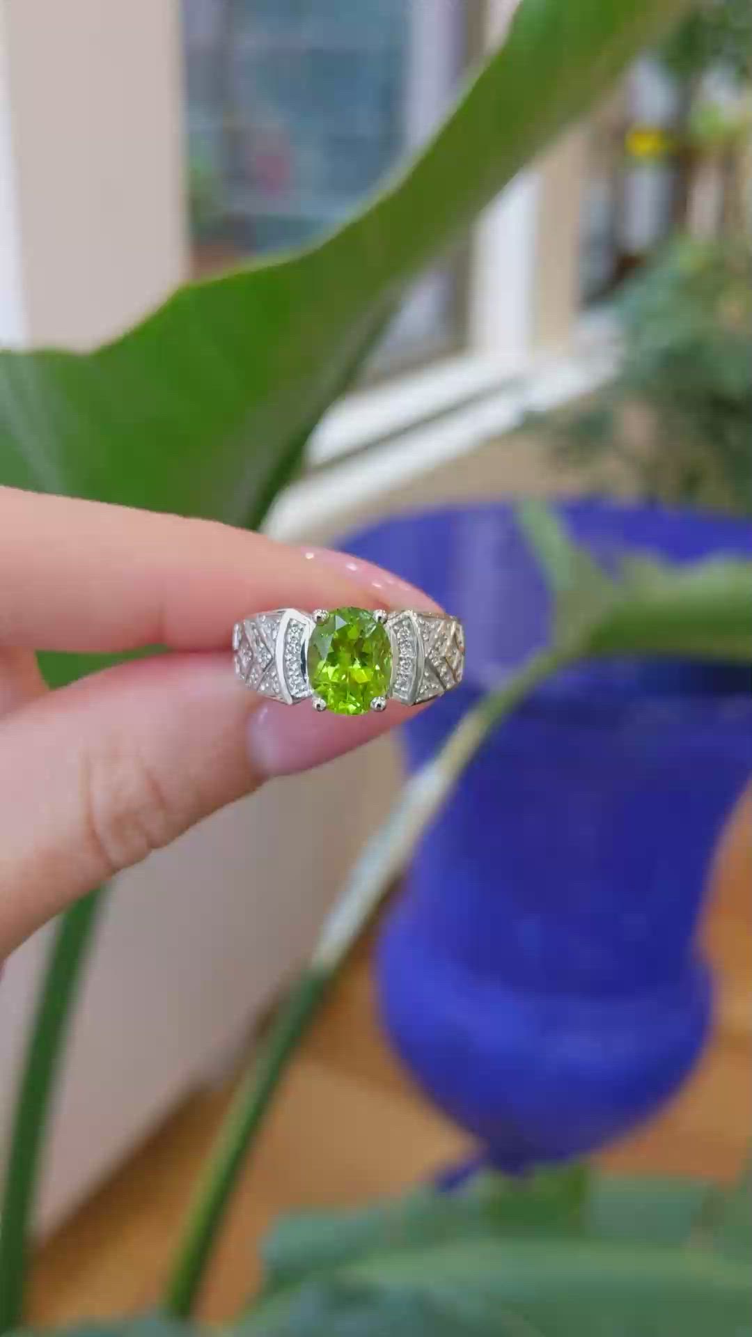 1.47 Ct. Green (Lime Green) Peridot and Natural Diamond Pave Ring, 14K White Gold Size Video