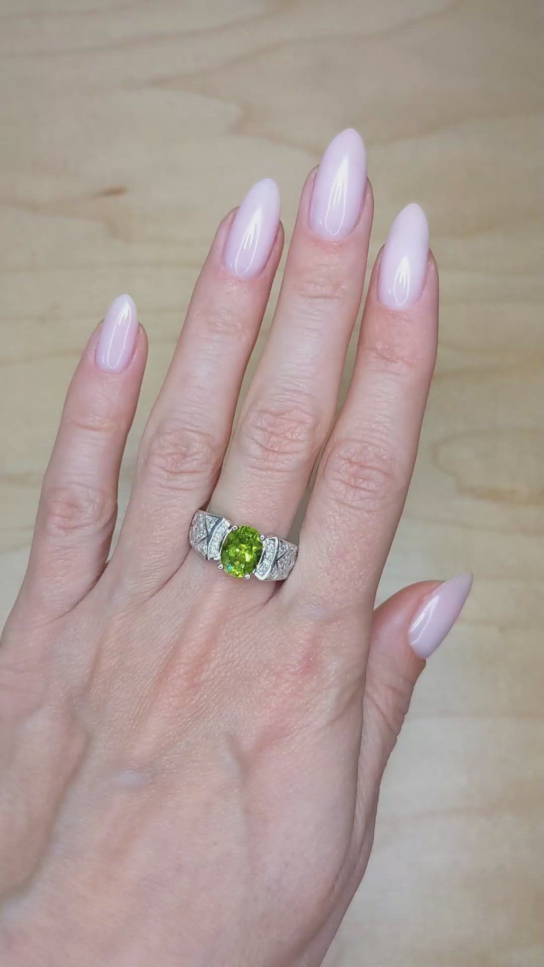 1.47 Ct. Green (Lime Green) Peridot and Natural Diamond Pave Ring, 14K White Gold Size Video