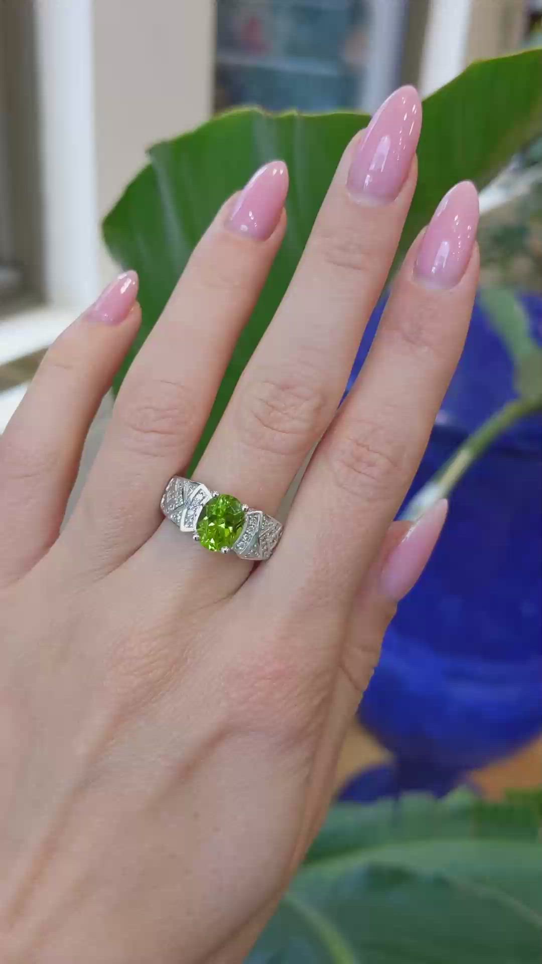 1.47 Ct. Green (Lime Green) Peridot and Natural Diamond Pave Ring, 14K White Gold Size Video