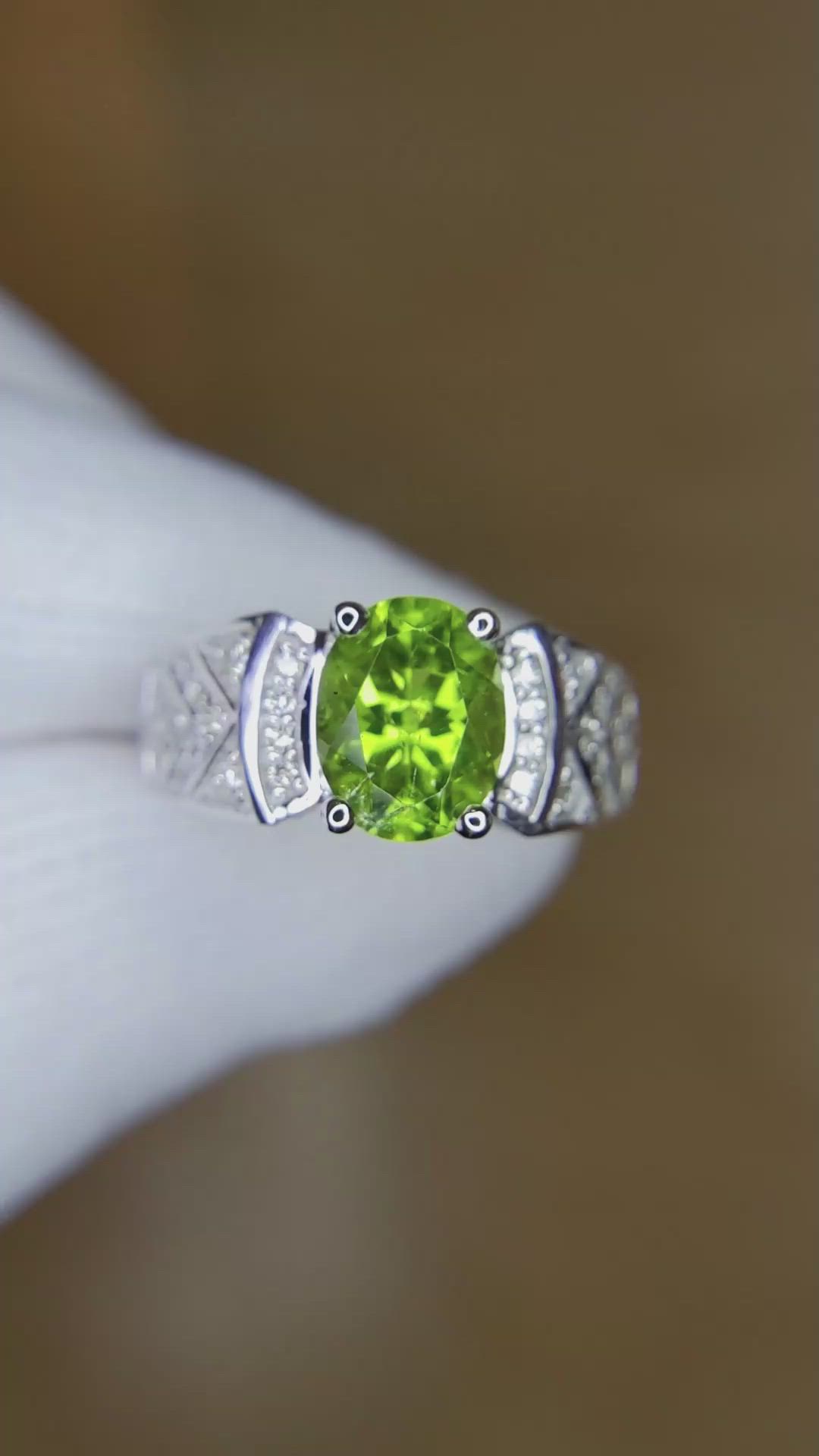 1.47 Ct. Green (Lime Green) Peridot and Natural Diamond Pave Ring, 14K White Gold Size Video
