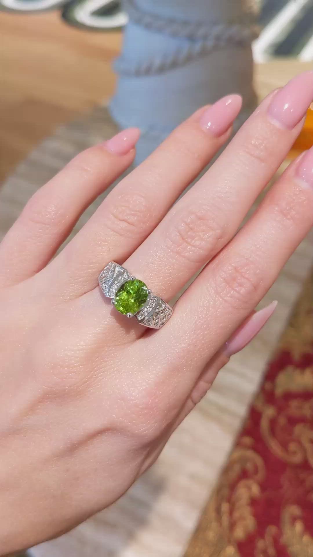 1.47 Ct. Green (Lime Green) Peridot and Natural Diamond Pave Ring, 14K White Gold Size Video
