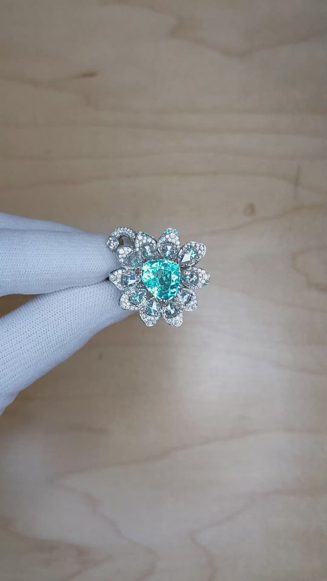 4.21 Ct. Mixed Paraiba Tourmaline and Natural Diamond Pave Ring, Platinum 950 Size Video