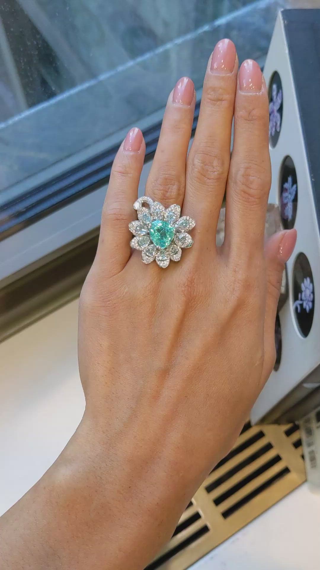 4.21 Ct. Mixed Paraiba Tourmaline and Natural Diamond Pave Ring, Platinum 950 Size Video