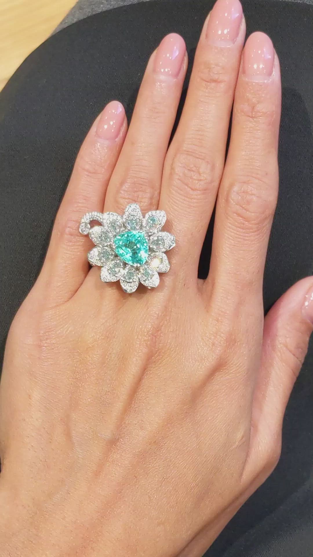 4.21 Ct. Mixed Paraiba Tourmaline and Natural Diamond Pave Ring, Platinum 950 Size Video