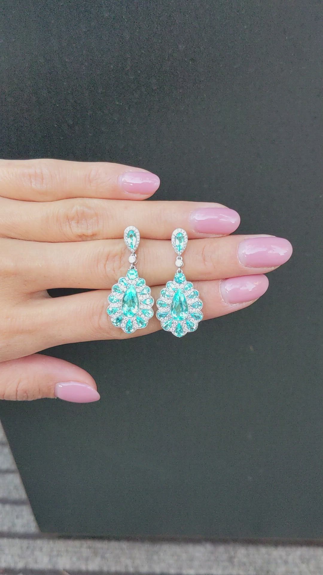 2.52&nbsp;Ct.Tw.Total Carat Weight Mixed Paraiba Tourmaline and Natural Diamond Pave Earrings, Platinum 950 Size Video