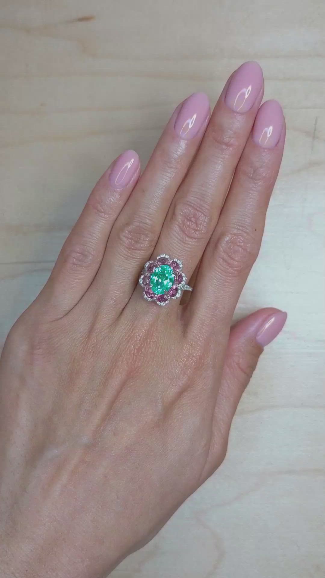 2.76 Ct. Greenish Blue Paraiba Tourmaline, Pink Tourmaline and Natural Diamond Pave Ring, 18K Yellow & White Size Video