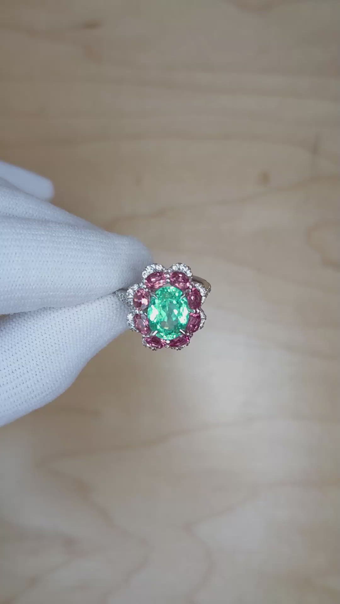 2.76 Ct. Greenish Blue Paraiba Tourmaline, Pink Tourmaline and Natural Diamond Pave Ring, 18K Yellow & White Size Video