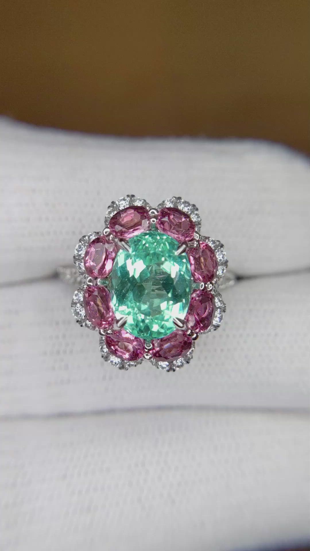 2.76 Ct. Greenish Blue Paraiba Tourmaline, Pink Tourmaline and Natural Diamond Pave Ring, 18K Yellow & White Size Video
