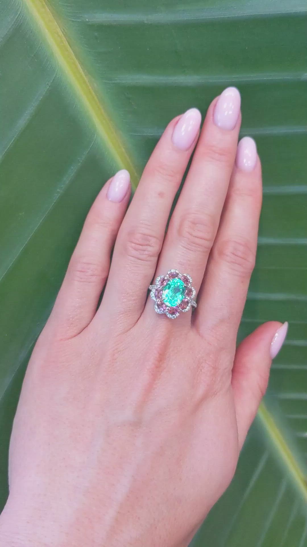 2.76 Ct. Greenish Blue Paraiba Tourmaline, Pink Tourmaline and Natural Diamond Pave Ring, 18K Yellow & White Size Video