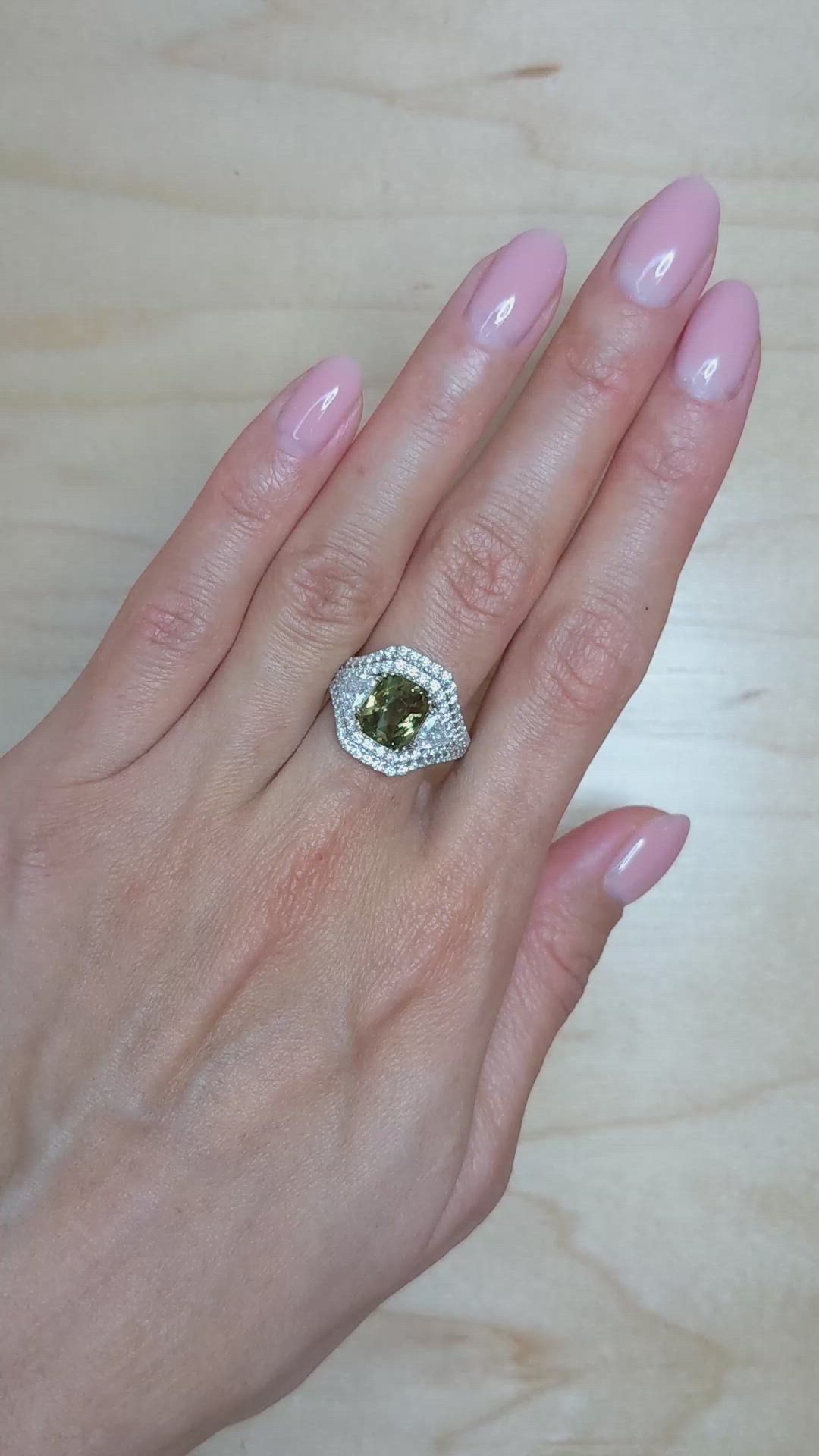 3.04 Ct. Alexandrite and Natural Diamond Three Stone Ring, 18K White Gold Size Video