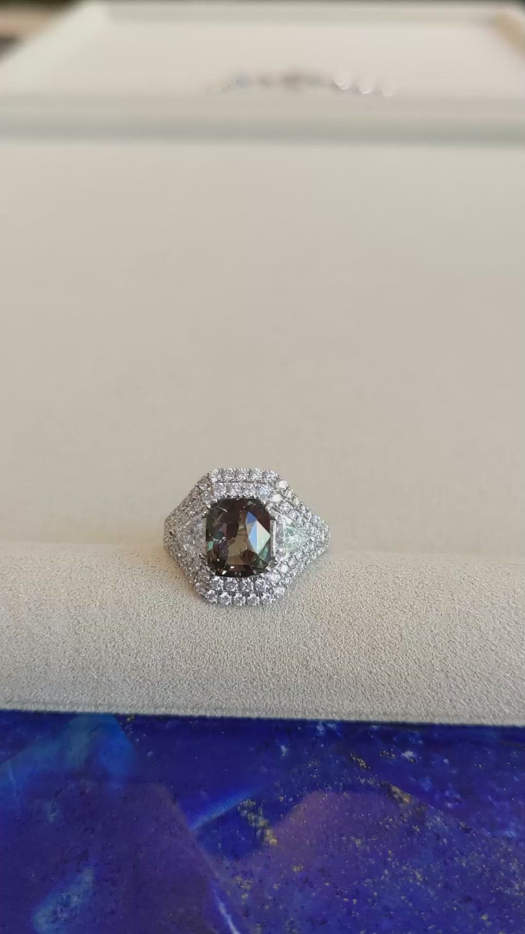 3.04 Ct. Alexandrite and Natural Diamond Three Stone Ring, 18K White Gold Size Video