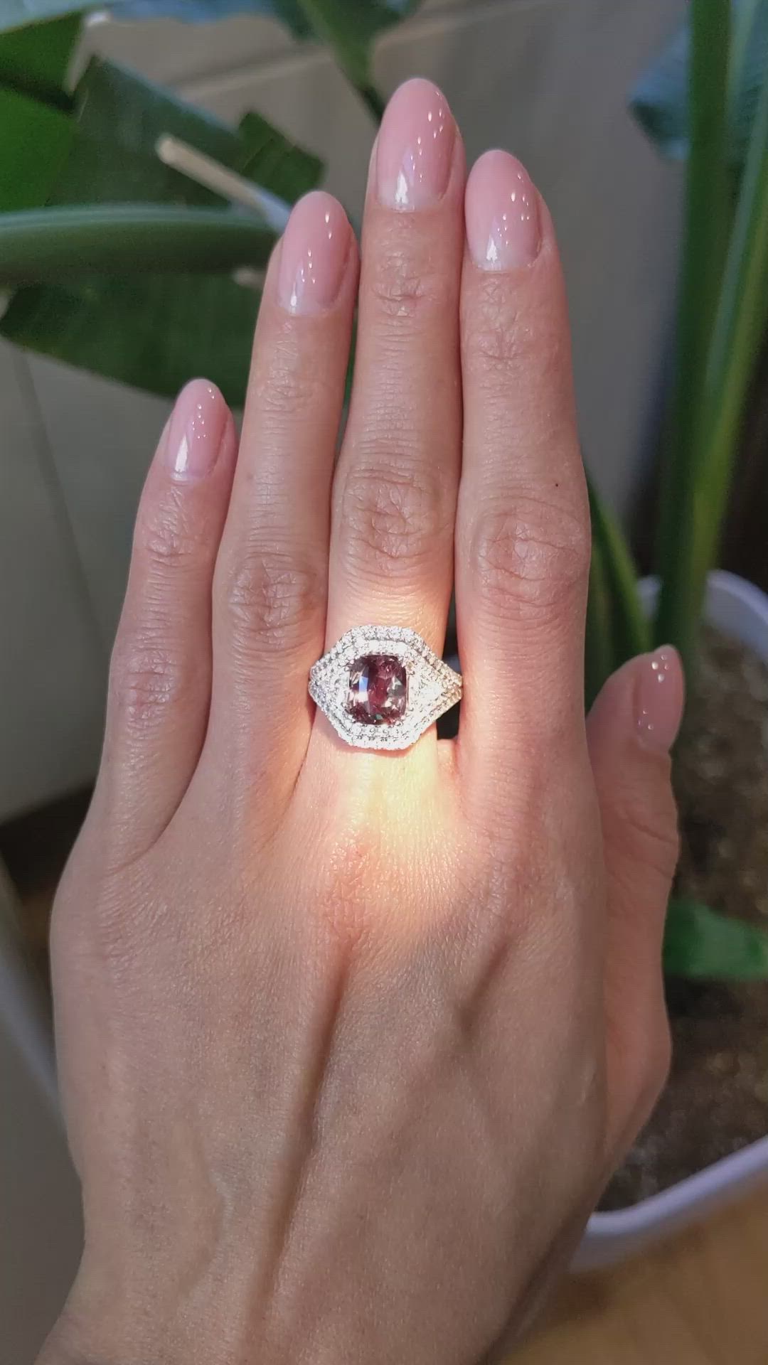 3.04 Ct. Alexandrite and Natural Diamond Three Stone Ring, 18K White Gold Size Video