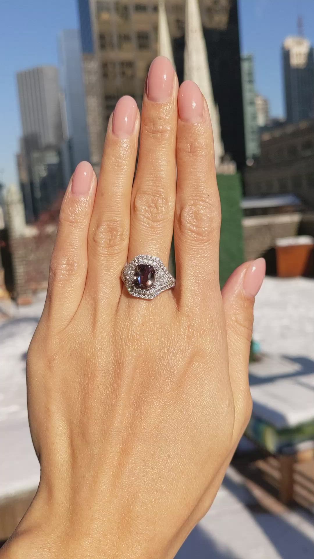 3.04 Ct. Alexandrite and Natural Diamond Three Stone Ring, 18K White Gold Size Video