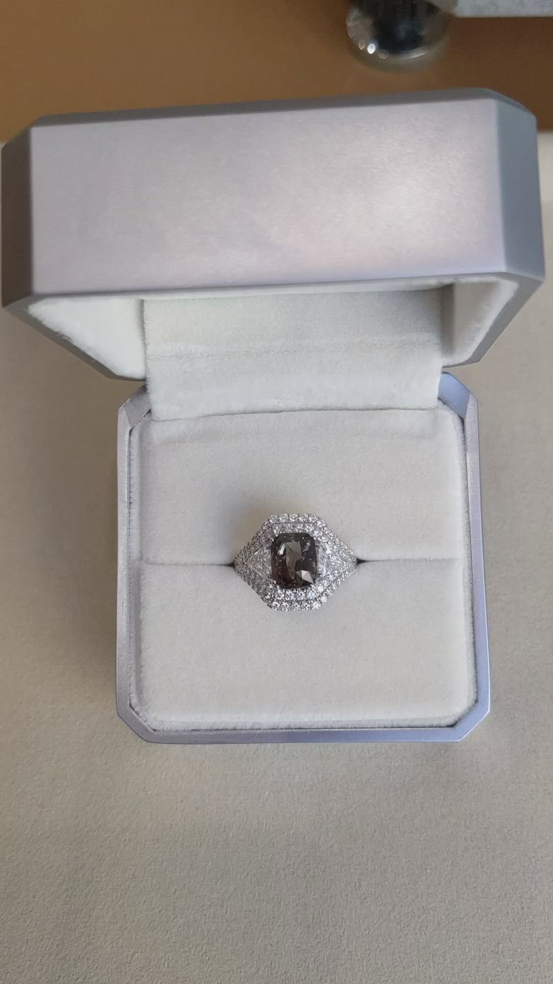 3.04 Ct. Alexandrite and Natural Diamond Three Stone Ring, 18K White Gold Size Video