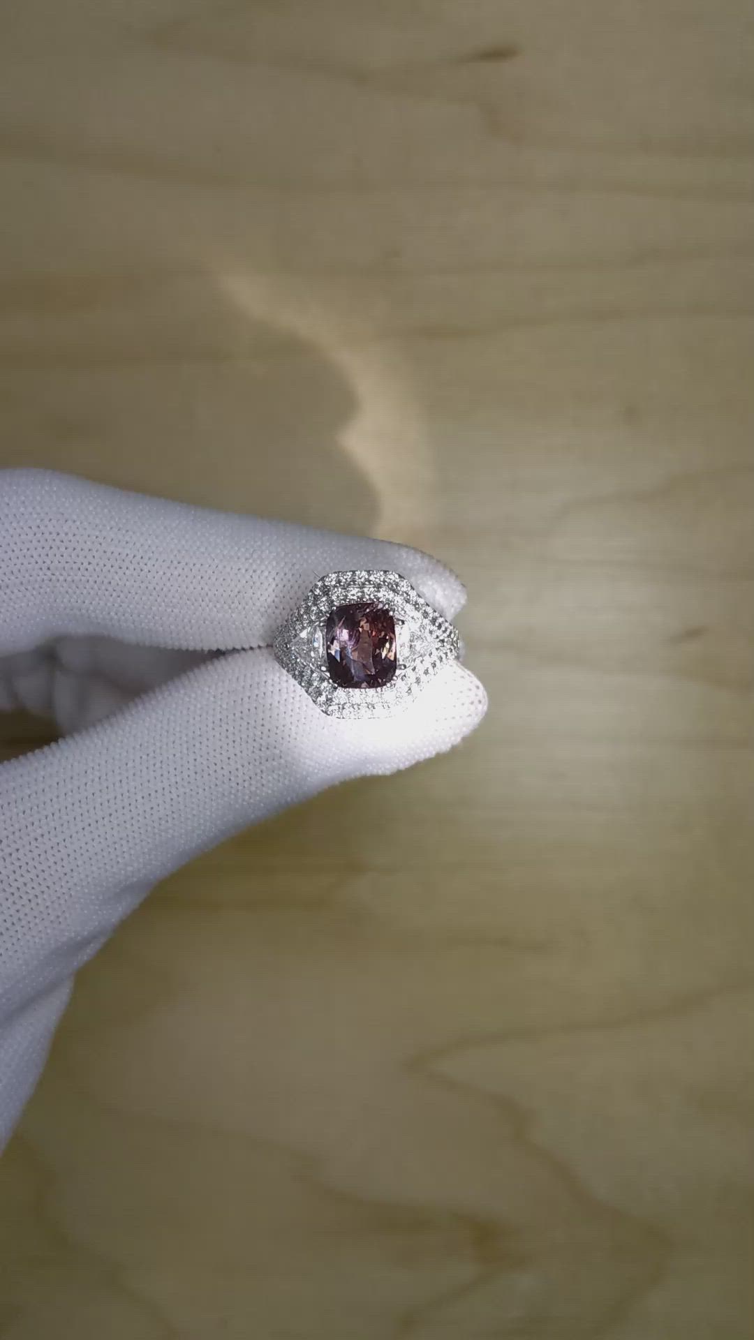 3.04 Ct. Alexandrite and Natural Diamond Three Stone Ring, 18K White Gold Size Video